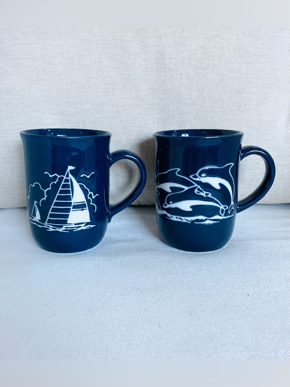 VTG Otagiri Japan Cobalt Blue Nautical Ceramic Mugs Set of 2 Sailboat & Dolphin